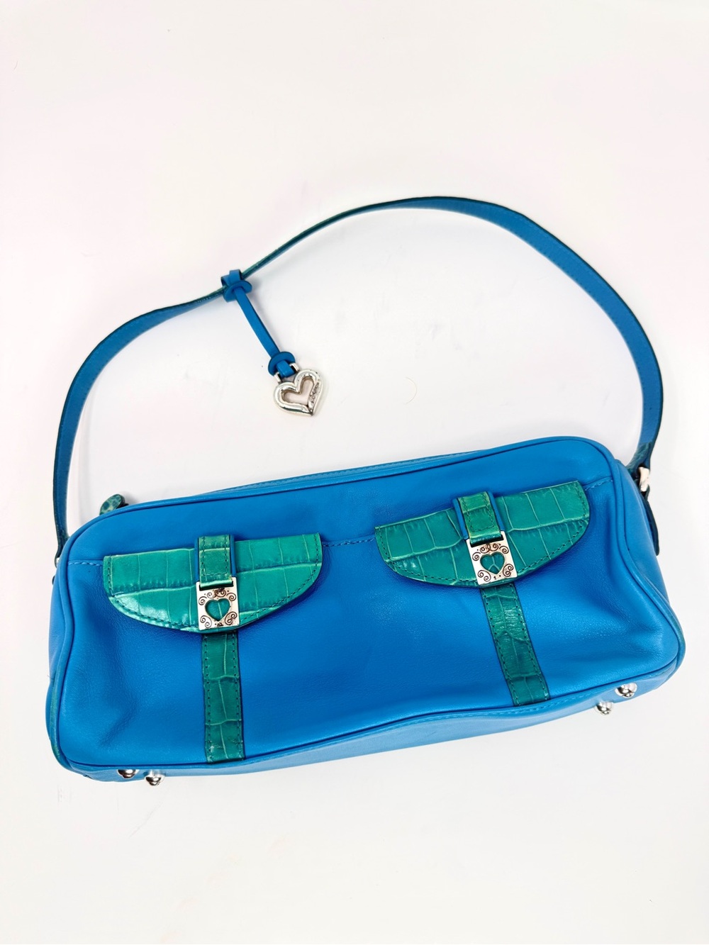 Brighton Turquoise and Green Croc Embossed East-West Shoulder Bag with Charm